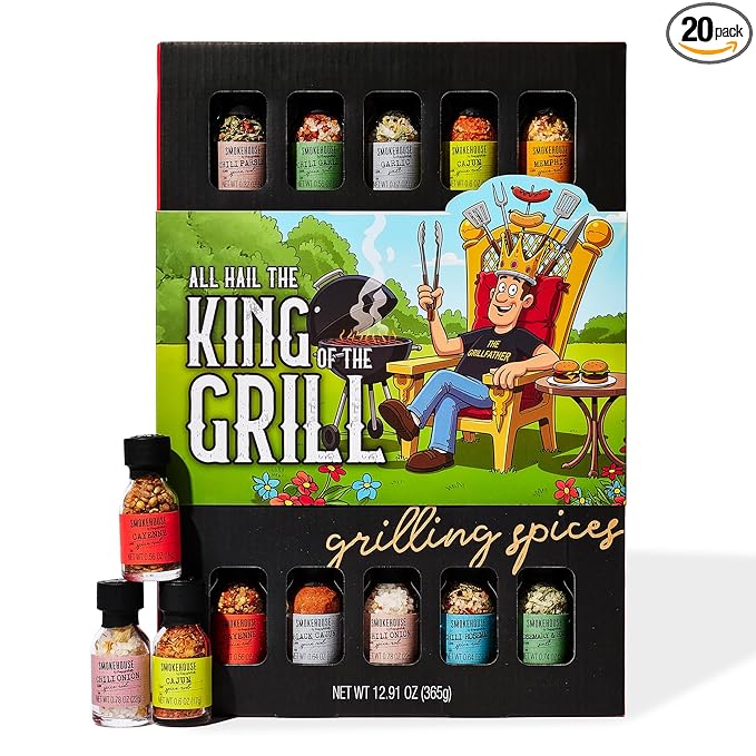 Smokehouse by Thoughtfully, Gourmet Ultimate Grilling Spice Set with Father’s Day Wrap, Includes 20 BBQ Seasonings & Rubs Like Chili Garlic, Italian, and Cajun, Gift for Dad
