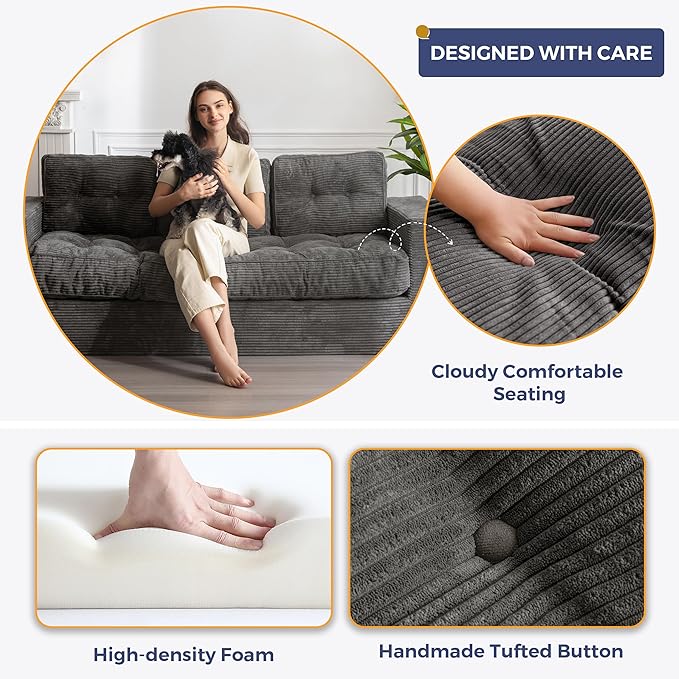 MAXYOYO 3 Seater Couch for Living Room, Boneless Couch with Tufted Cushion & Backrest, Upholstered Floor Sofa, Sofa in A Box, Dark Grey