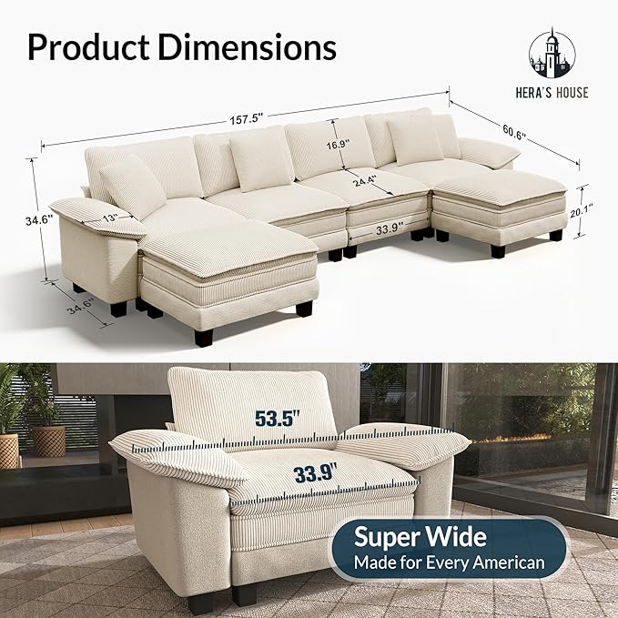 HERA'S HOUSE 158" Modular Sectional Sofa, Oversized U Shaped Couches for Living Room, Comfy Cloud Couch with Ottoman, 6-Seater Deep Seat Sofa with Throw Pillow, Corduroy and Chenille Beige
