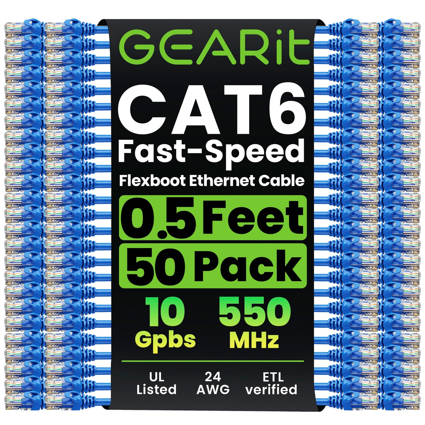 Gearit 50-Pack Cat6 Patch Cable 0.5 Foot / 6 Inches Cat 6 Ethernet Cable Snagless Flexible Soft Tab - Preimum Series - Blue