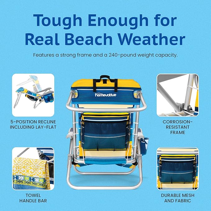 Homevative Cooler+ Folding Backpack Beach Chair with 5 Positions, Towel bar, XL Cooler Pouch, Storage Net, Cup and Phone Holder, Sunshine, 2 Pack