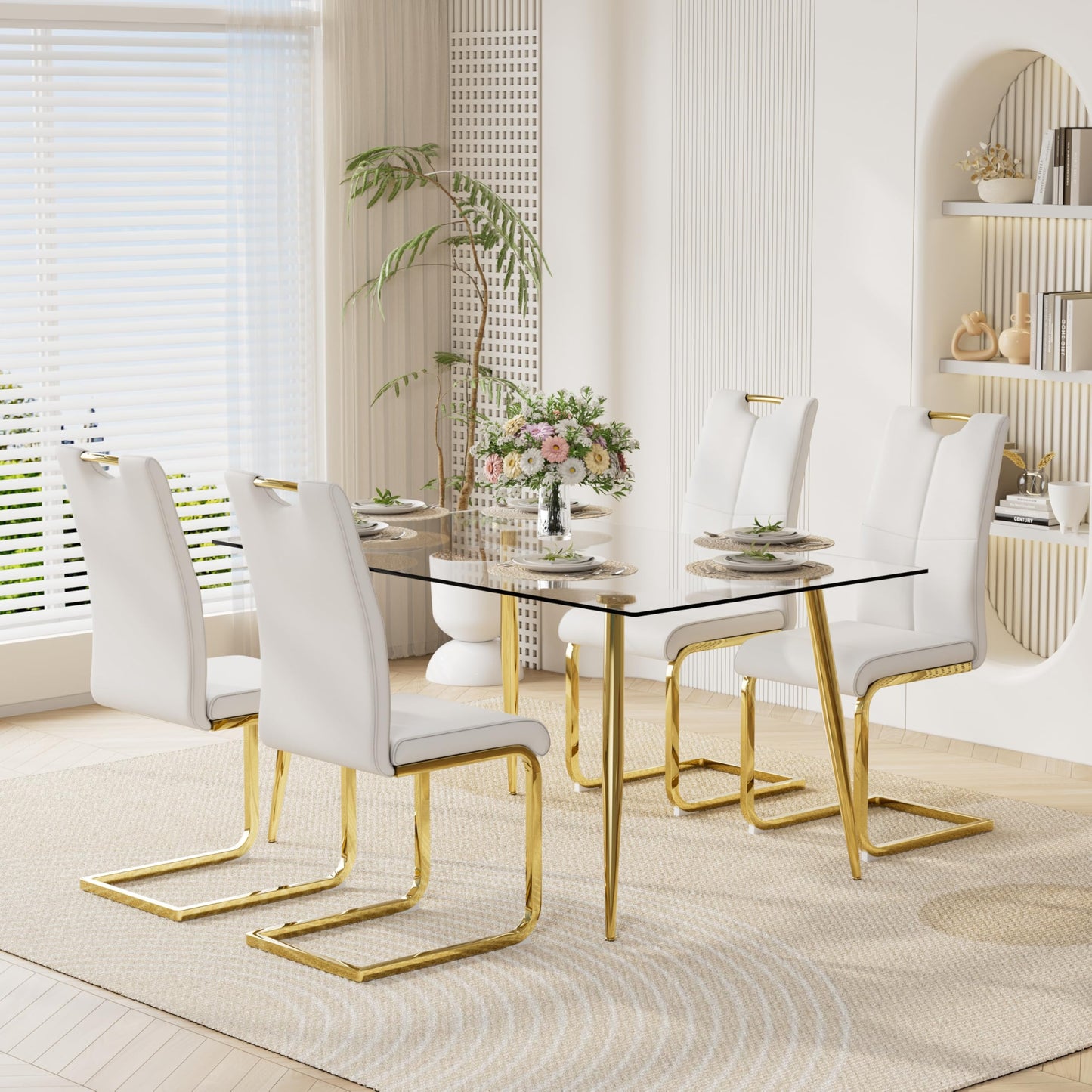 KATBOC 51" Modern 5-Piece Dining Table Set for 4 Rectangular Glass Table with 4 Upholstered Leather Chairs, Seats 4 Ideal for Kitchen Dining Room(White&Gold)