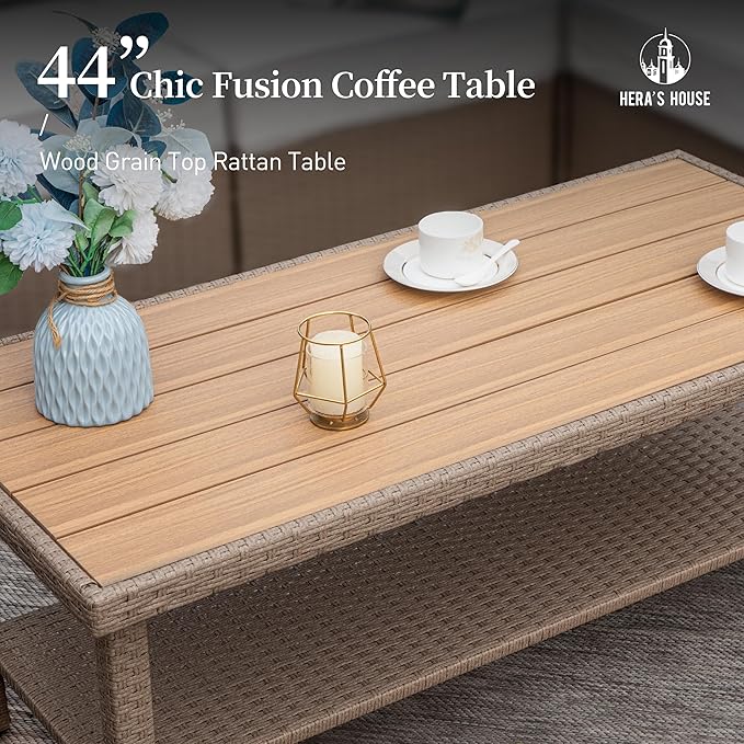 HERA'S HOUSE 6-Piece Patio Furniture Set, All Weather 7 Seats Outdoor Wicker Sofa with Ottomans, Rattan Patio Conversation Set with 5.5" Thick Cushions and 44" Coffee Table, Grey