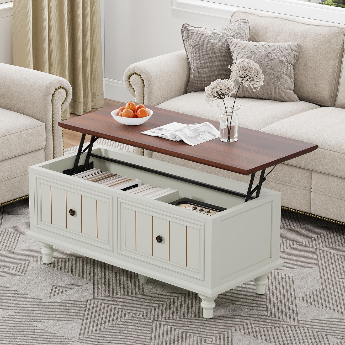 MAHYIZYI 39" Lift Top Coffee Table for Hidden Compartment, Wood Coffee Tables with Shelf, Farmhouse Rectangular Center Table Dining Table for Living Room Home Office Small Space (Beige)