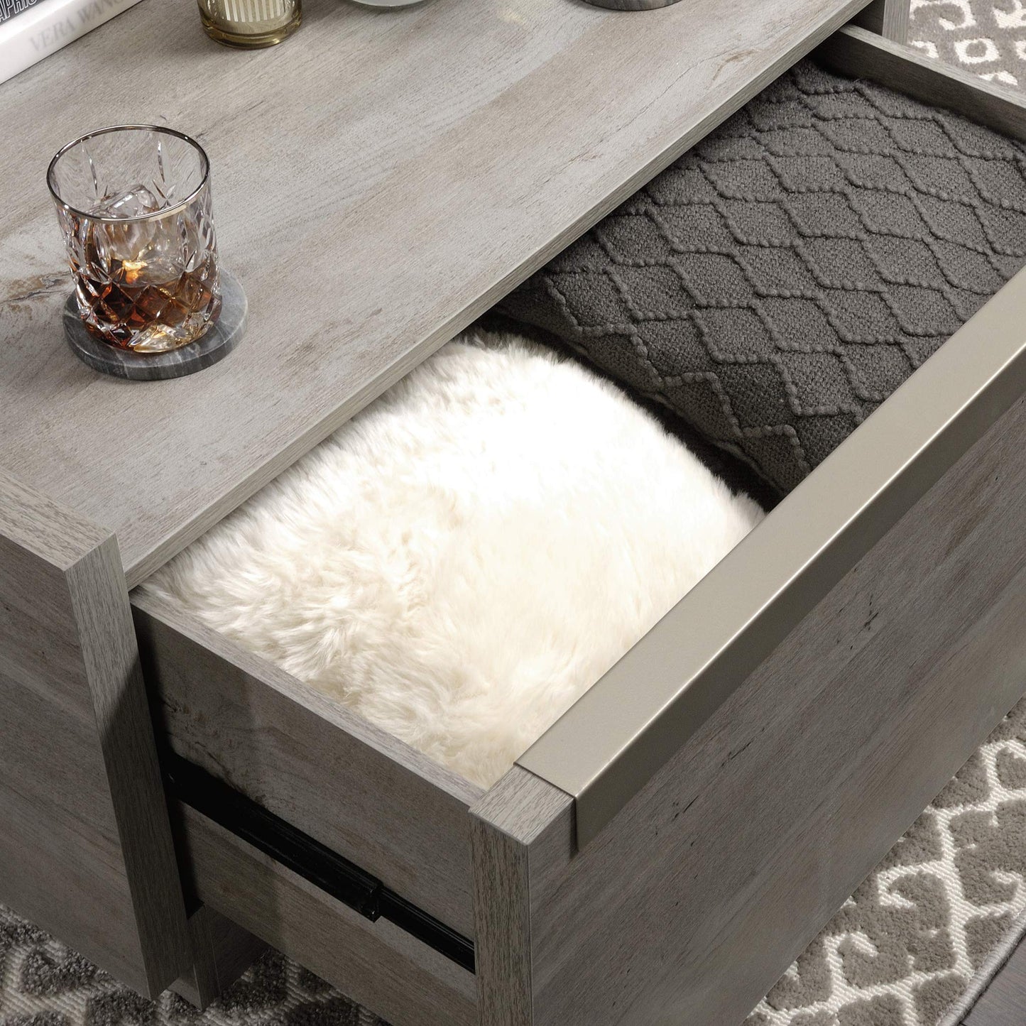 Sauder Manhattan Gate Square Coffee Table, Mystic Oak, 2 Drawers, Modern Farmhouse
