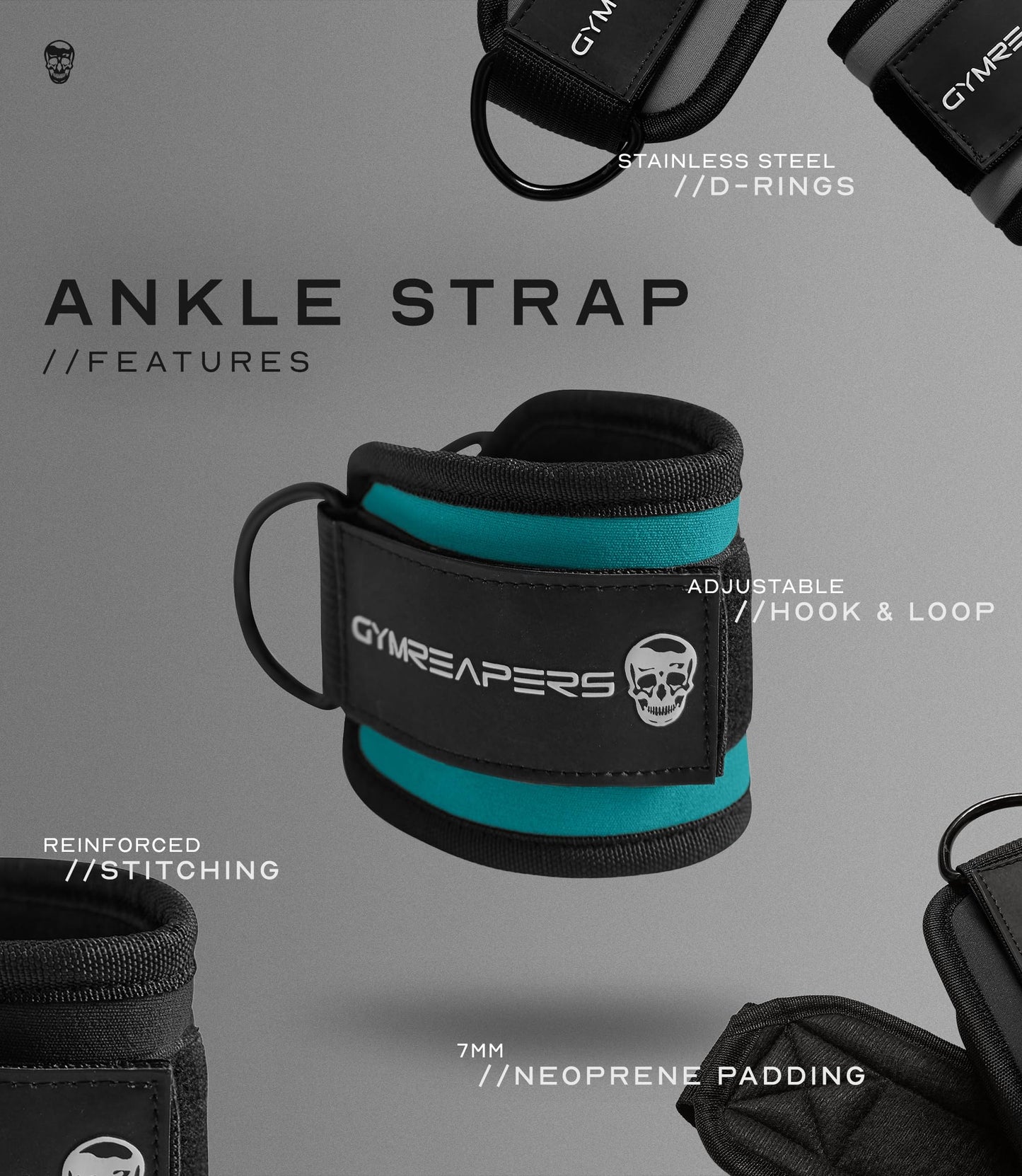 Gymreapers Ankle Strap (Single) For Cable Machine Kickbacks, Glute Workouts, Lower Body Exercises - Adjustable Leg Strap with Neoprene Padding (Cyan, Single)