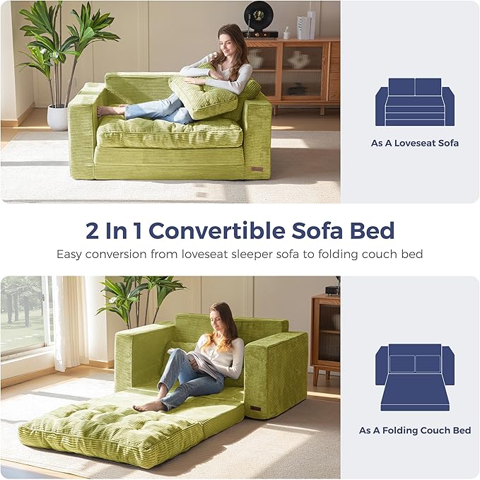 MAXYOYO Convertible Sofa Bed, Pull Out Loveseat Sleeper Sofa, 2 in 1 Folding Couch Bed, Fold Out Floor Couch with Pillows for Living Room Bedroom Lounge, Green