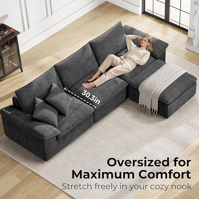 LIKIMIO 120" L-Shaped Modular Sectional Sofa, Cloud Sectional Couch with Deep Seat, Comfy Teddy Upholstery, Oversized 3-Seater with Ottoman, Boneless Couch for Living Room, No Assembly, Dark Grey