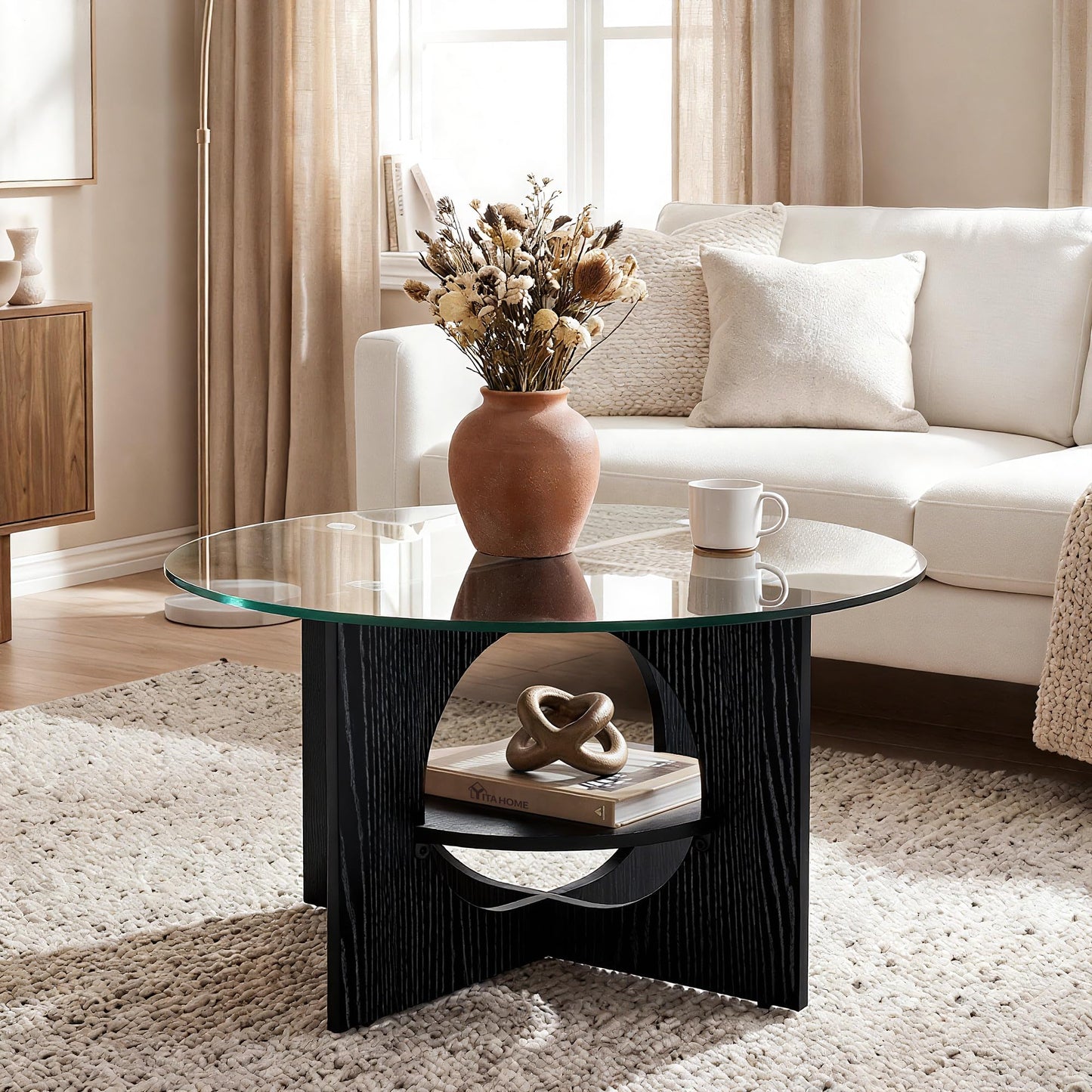 YITAHOME Round Coffee Table, 2-Tier Glass Coffee Tables with Storage, Multi-Purpose Modern Center Table or Cocktail Table for Living Room, Office, Lounge, Black