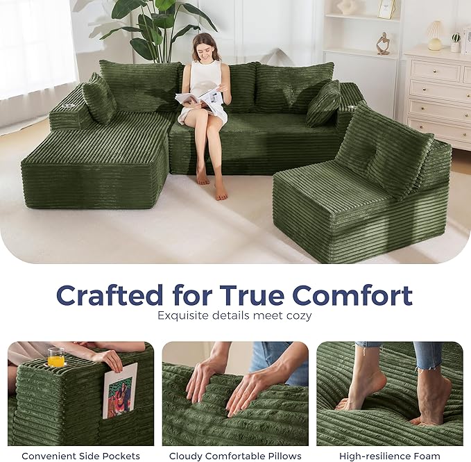 MAXYOYO 132" Oversize Modular Sectional Couch with L-Shape Chaise, Modern Boneless Couch for Living Room, Sofa in A Box, Oversized Sofa Sleeper with Deep Seat, No Assembly Required, Green