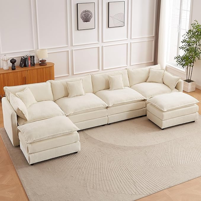 saows Modular Sectional Sofa, 147.2 Inch U Shaped Couch Set with Armrests, 4-Seater Comfy Cloud Couches with Movable Ottoman for Living Room Apartment, Beige