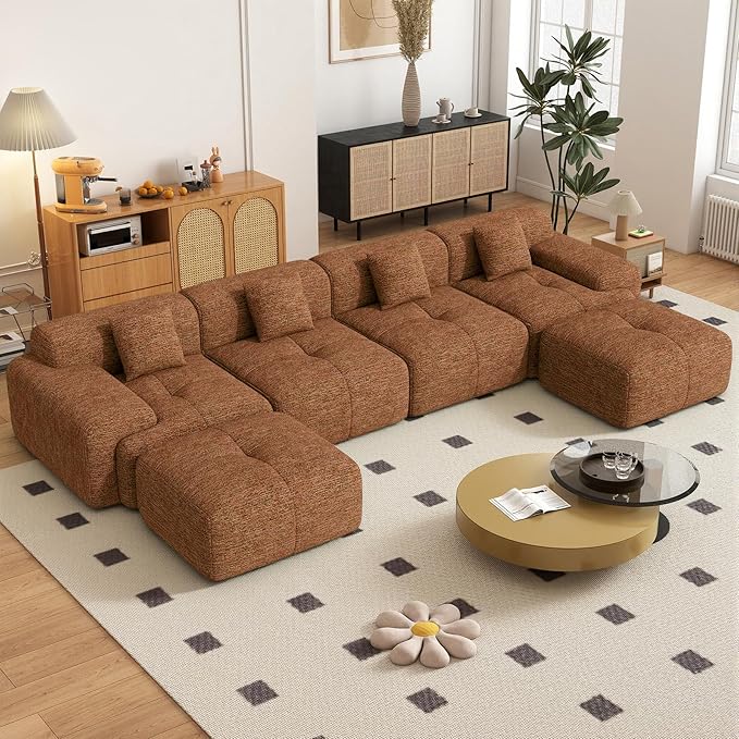 158" U Shaped Convertible Modular Couch, Cloud Couch Sectional with Ottoman, 6-Seater Chenille Boneless Couches for Living Room, Apartment, No Assembly, Orange 1PCS