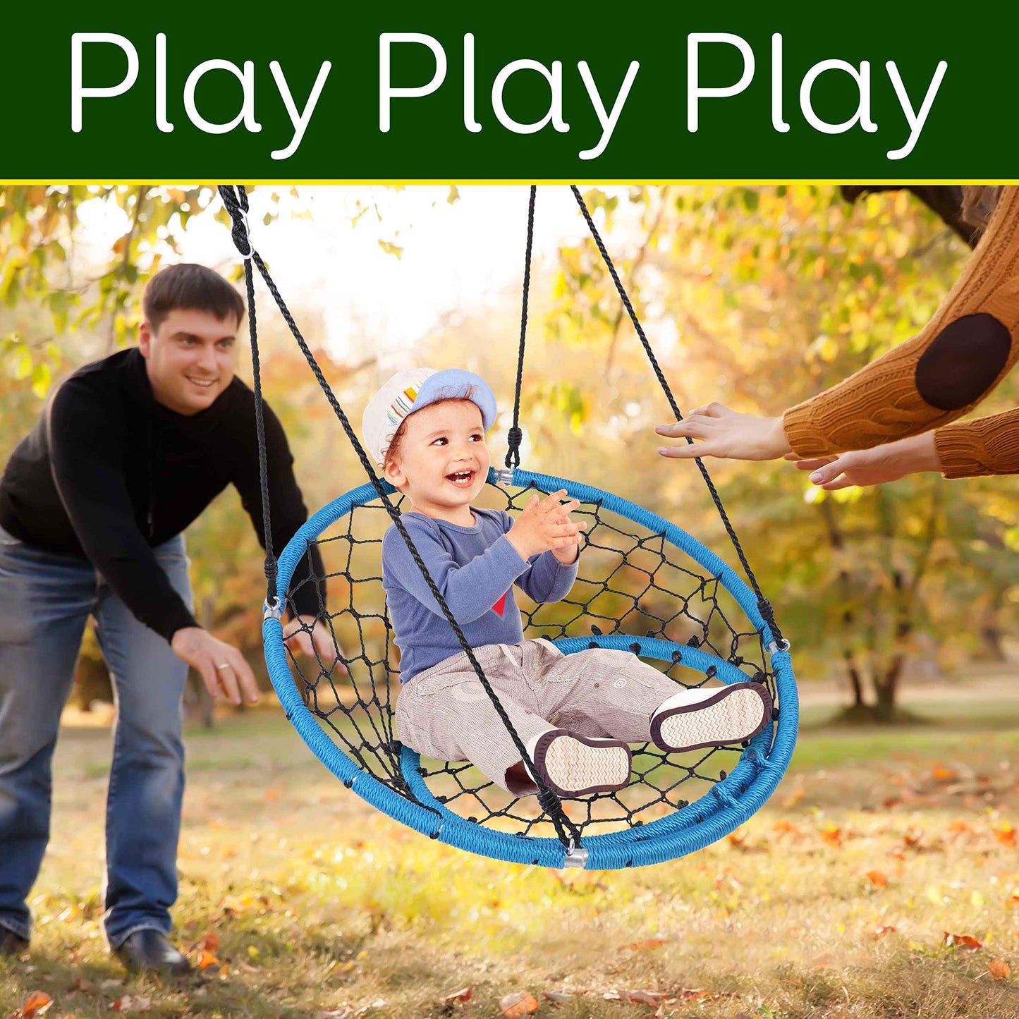 Serenelife Hanging Netted Seat Swing - 35.5" Diameter Kids Indoor Outdoor Round Circle Saucer for Trees or Sets - All-Season UV Resistant Rope Net Seat