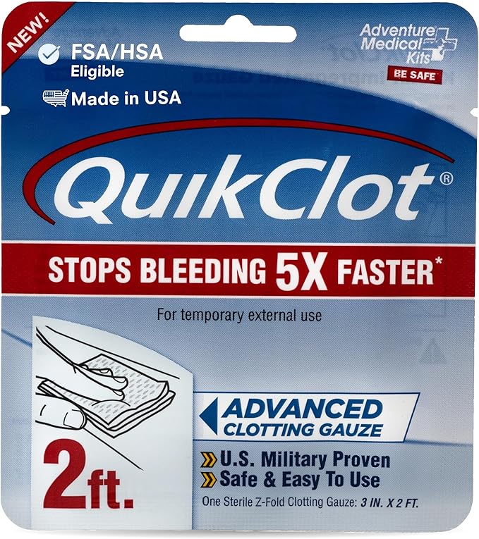 Adventure Medical Kits QuikClot Advanced Clotting Gauze - Stops Bleeding Up to 5X Faster Than Standard Gauze - Kaolin Hemo...