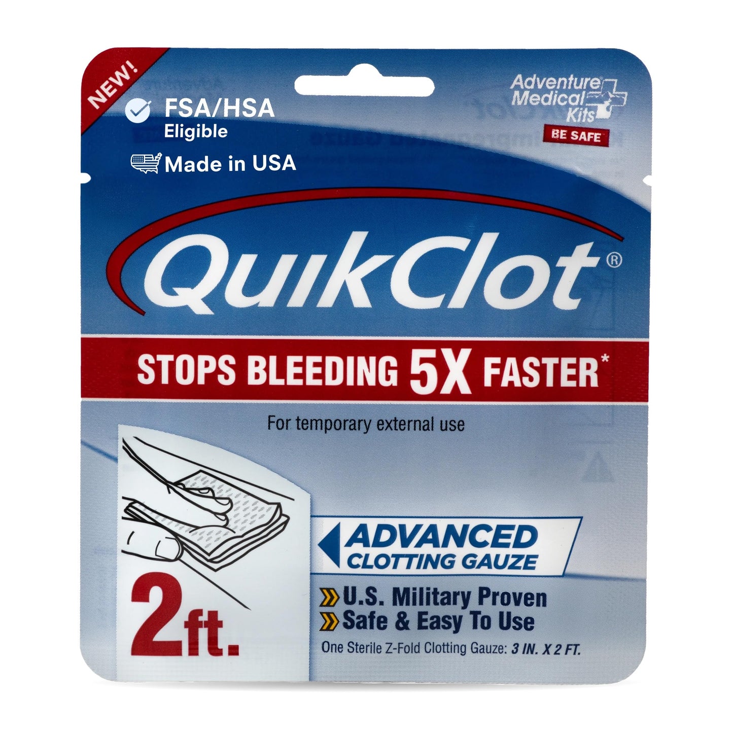 Adventure Medical Kits QuikClot Advanced Clotting Gauze - Stops Bleeding Up to 5X Faster Than Standard Gauze - Kaolin Hemostatic Dressing - for First Aid Kits & Survival Gear - 3 x 24