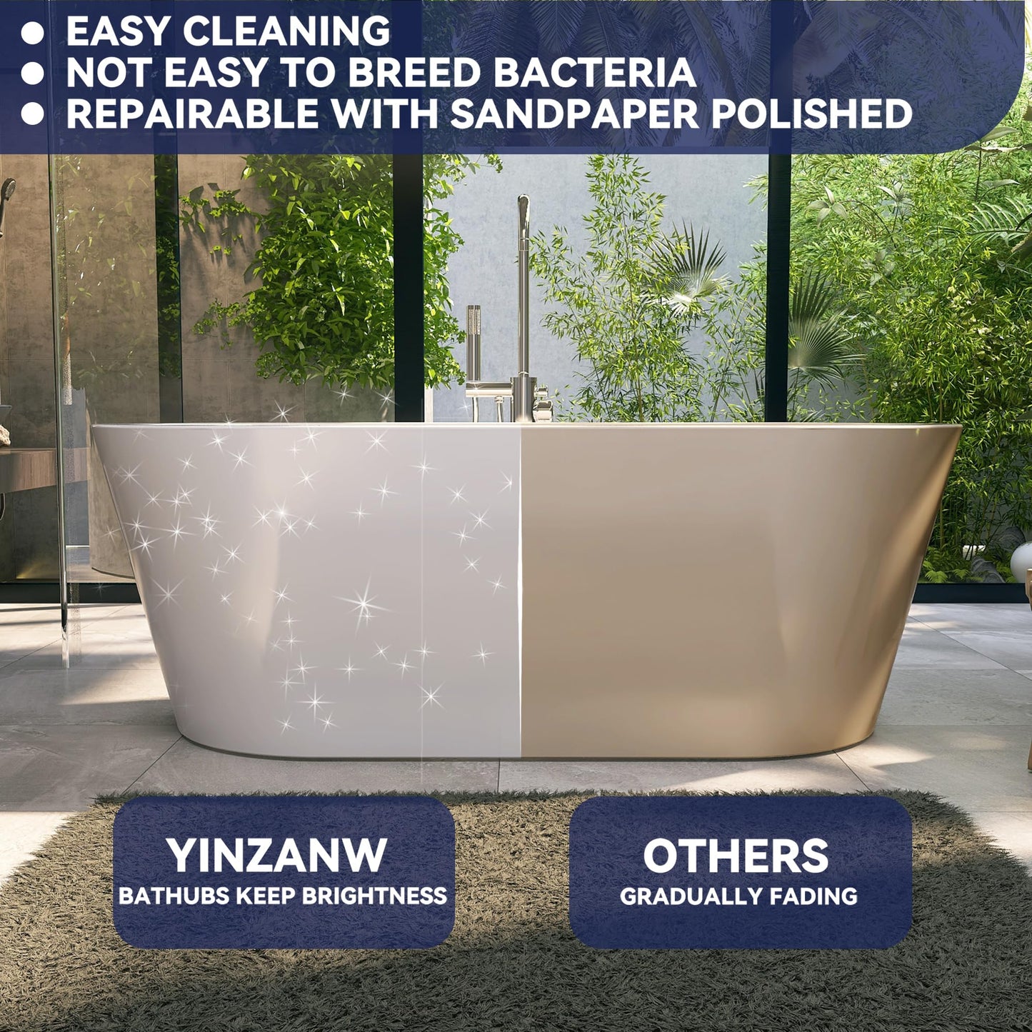 Yinzanw 64" Acrylic Free Standing Tub, Stand Alone Tub, Freestanding Bathtub, Soaking Bathtub, cUPC Certified, LT(Glossy White)