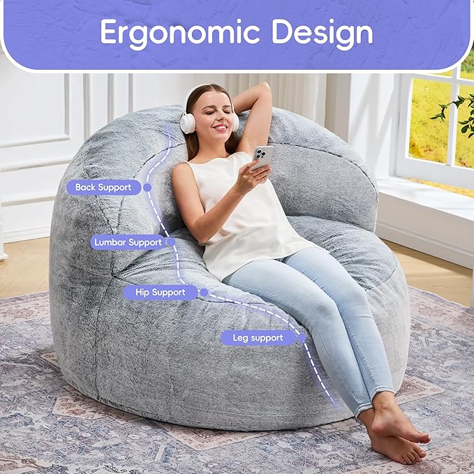 Hobestluk Bean Bag Chair Giant Bean Bag Chairs for Adults Big Bean Bag Chair with Memory Foam Filler Adults Large Beanbag with Faux Fur Cover for Bedroom (Plush Grey,Oversize)