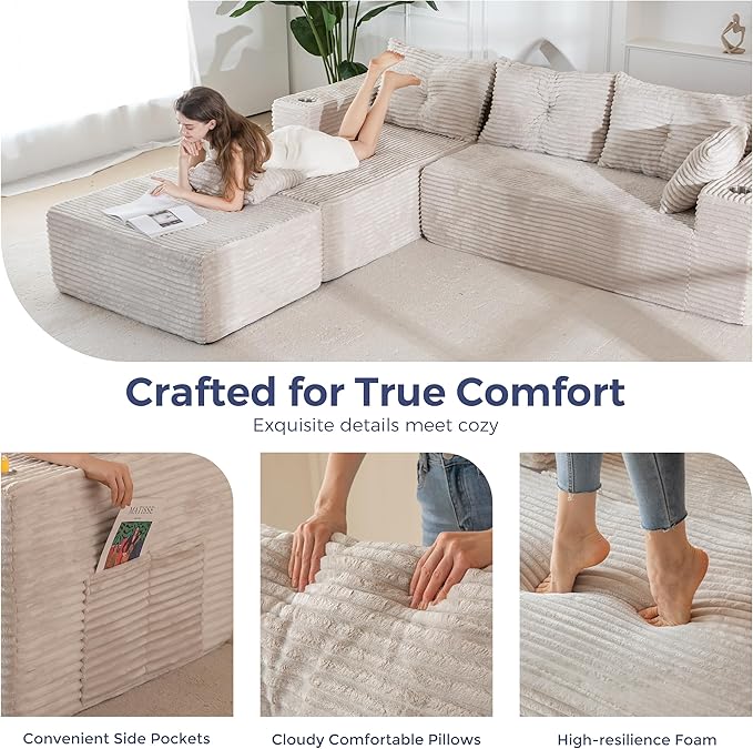 MAXYOYO 104" U-Shaped Modular Sectional Couch, Modern Boneless Couch for Living Room, Sofa in A Box, Oversized Sofa Sleeper with Deep Seat, No Assembly Required, Grayish Beige
