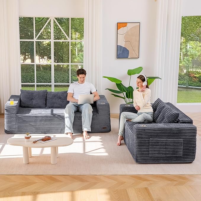 MAXYOYO Boneless Couch and Loveseat Sets for Small Spaces, Mini Love Seat Floor Couch with Cup Holders and Pillows, Upholstered Cloud Couch for Bedroom Apartment, No Assembly Required