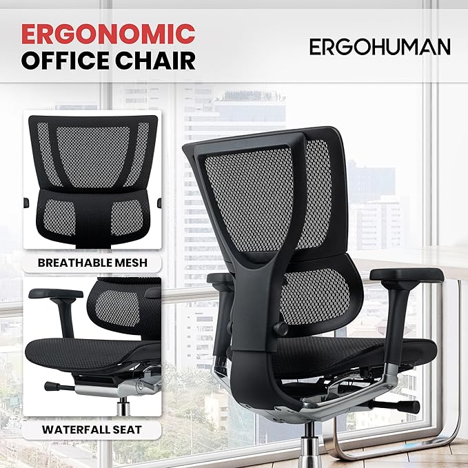 Ergohuman Eurotech ME3ERG-XTREME Mid Back Mesh Office Chair with Tilt Tension Control, Tilt Lock, Back Angle, Back Height, Synchro Tilt, Seat Height, Seat Depth, and Arm Height Adjustments