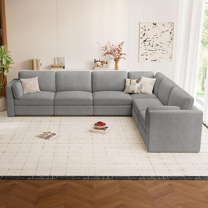CUGOAO 159'' Modular Sectional Sofa, Oversized L-Shaped Sectional Couch, Deep Seat Chenille Cloud Couch, Removable Cover, Mordern Upholstered Couches for Living Room, Apartment, Office, Grey