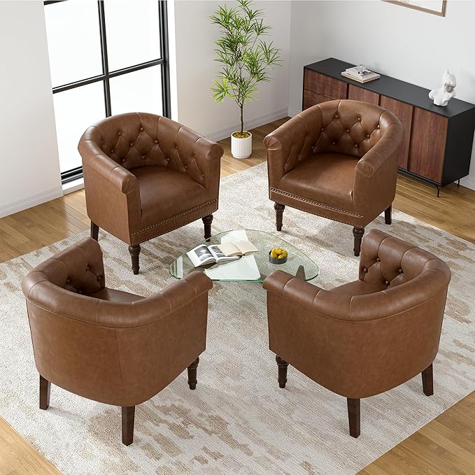 UIXE PU Leather Barrel Club Chairs Set of 4, Modern Arm Accnet Chair Comfy Upholstered Armchair, Nailhead Trim Living Room Single Sofa Reading Seat Bedroom Side Sitting for Office, Brown