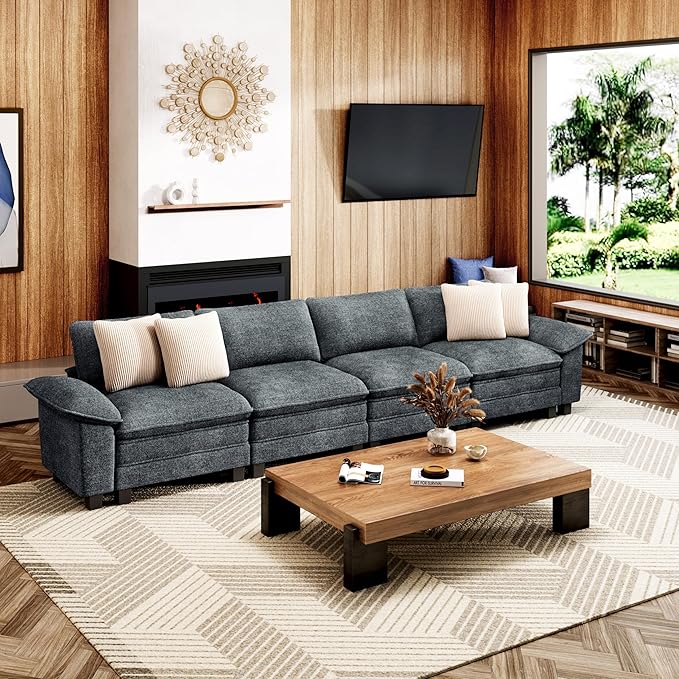 MIXPATIO 157.5" Cloud Modular Sectional Sofa, 4-Seater w/Deep Seat & Removable Arms, Plush Chenille for Living Room - Cyan