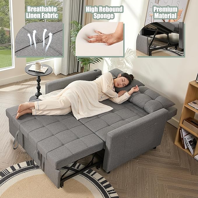 GOSUHI 52" Sleeper Sofa with Pull-Out Bed, 3-in-1 Convertible Sofa Bed, Loveseat with Stepless Adjustable Backrest and Side Pocket, for Living Room Dorm Apartment, Linen, Light Gray