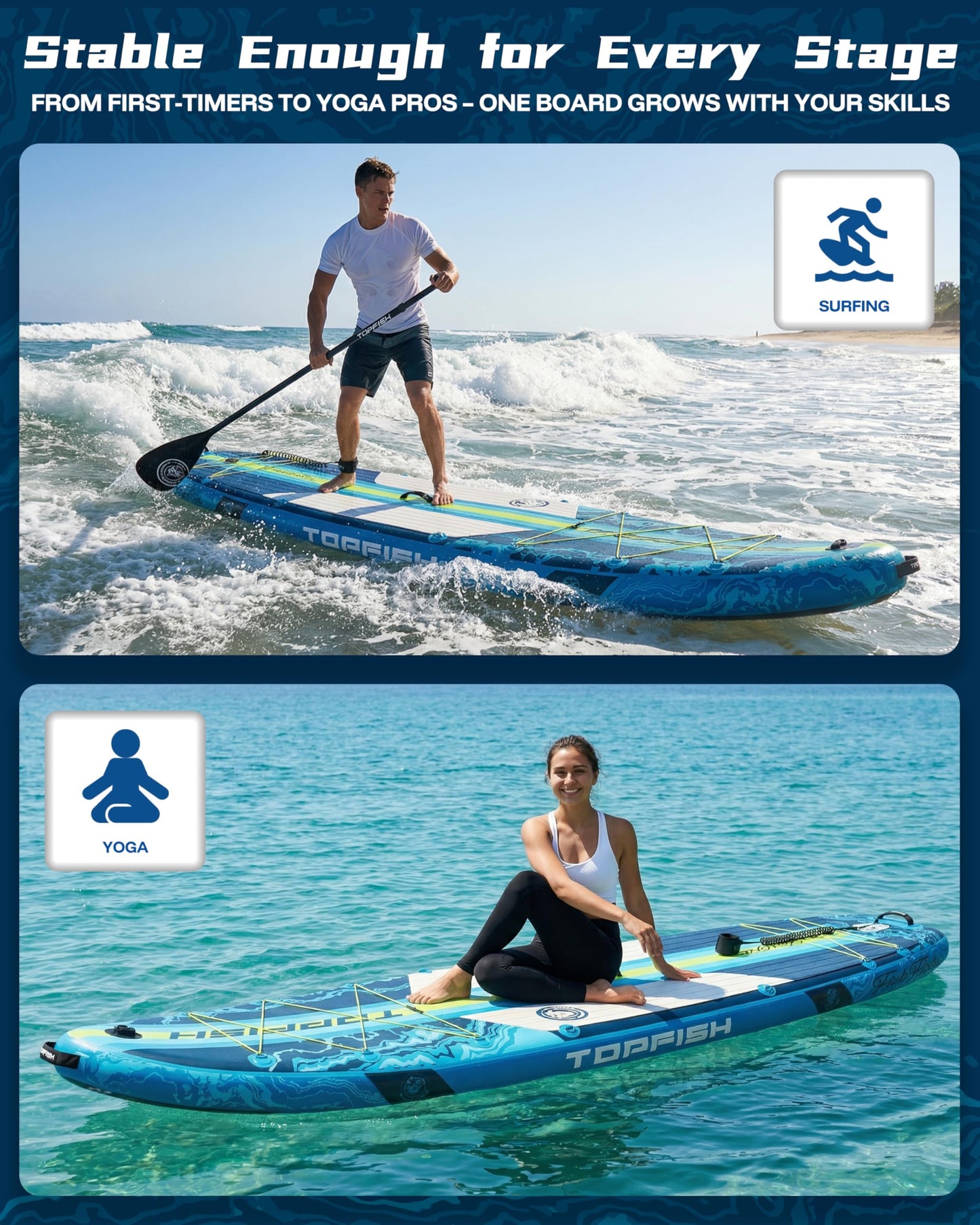 Topfish 11'6x35'' Extra Wide Inflatable Paddle Boards, Ultra-Stable High Capacity SUP of 450lb/3People, Stand Up Paddle Board for Adults w/Camera Mount, 9Accessories Kit, Shoulder Strap, 100L Backpack
