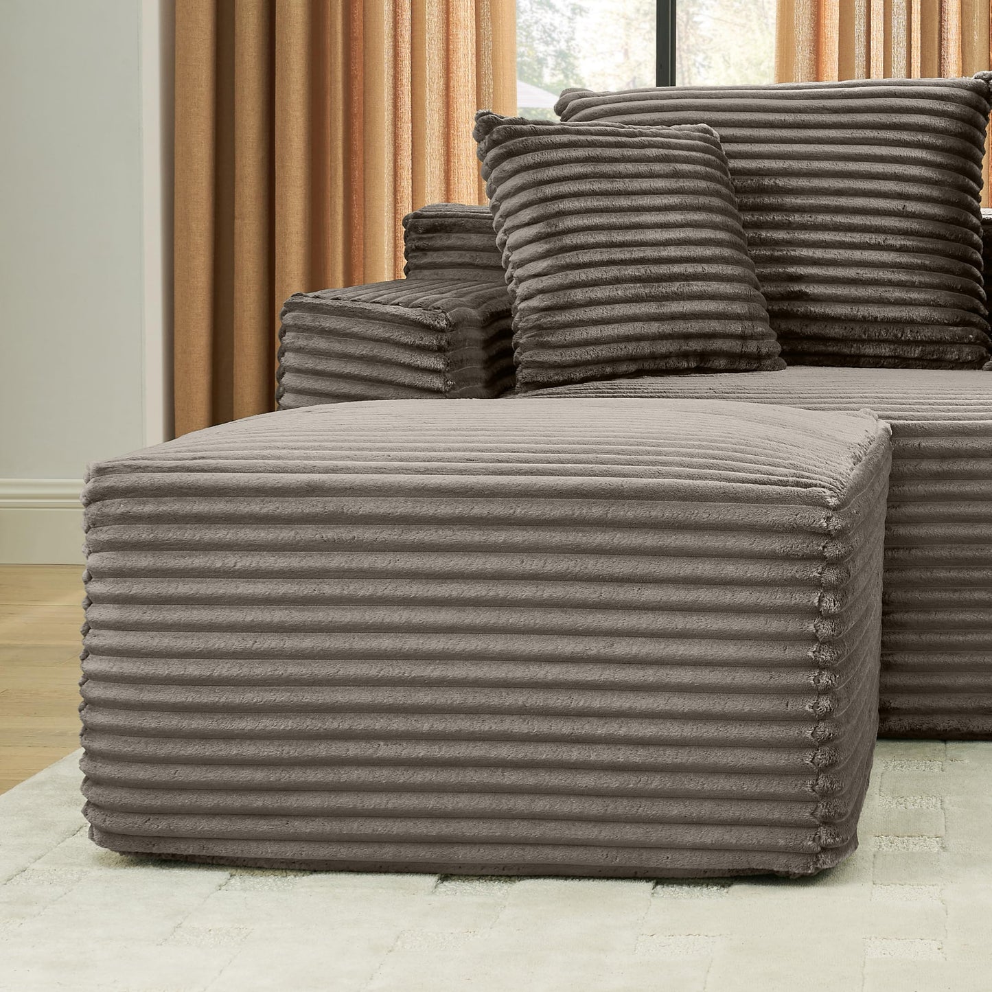 115" U-Shaped Cloud Sectional Couch, Front Facing Modular Compressed Boneless Sectional Sofa with Chaise Lounges, Plush Corduroy Boneless Symmetrical Sofa for Living Room