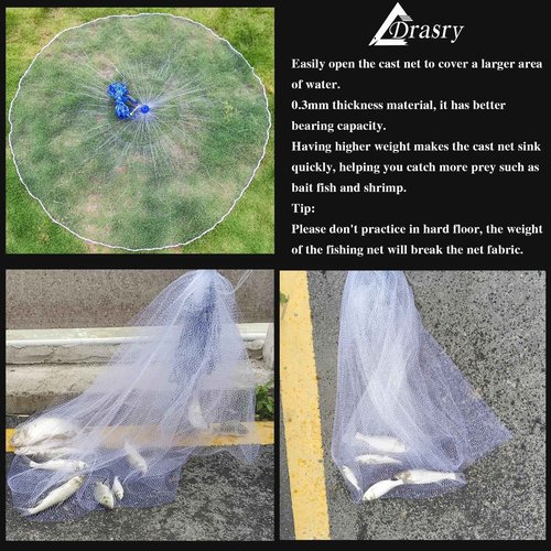 Drasry 3/8 Saltwater Fishing Cast Net for Bait Trap with Heavy Lead Sinkers Fish Throw Net. Size 3ft/4ft/5ft/6ft/7ft/8ft/9ft Radius Freshwater(Mono Lines Cast Net, 9FT(270cm)