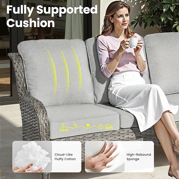 ovios 10 Pieces Patio Furniture Set, Outdoor Wicker Sofa Couch with Swivel Chairs 54" Fire Pit Table, High Back Modern All Weather Conversation Sets, Grey Rattan, Grey