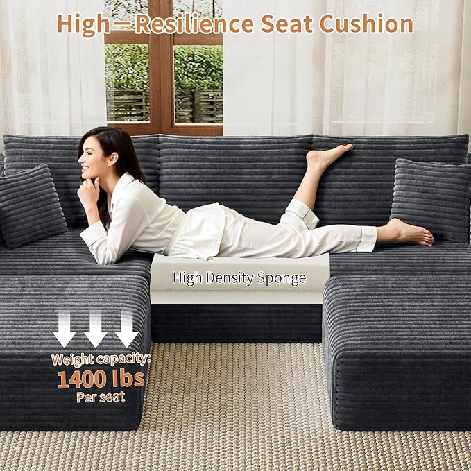 Fancyfire 108" Cloud Modular Sectional Couch with 2 Ottoman,Ultimate Comfort U-Shaped Deep Seat Sofa,Boneless Couch Upholstered 3-Seater Sofas for Living Room, No Assembly Required(Grey)