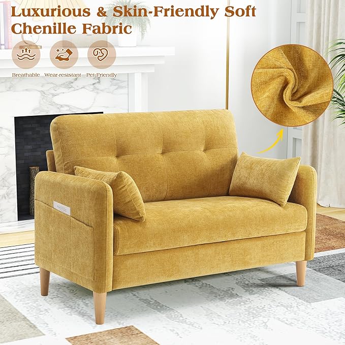 Hanherry Loveseat Sofa, 47” Small Couch for Living Room, Comfy Chenille Fabric Love Seat for Bedroom with Throw Pillow,Removable Cushion Cover,Couches for Small Space,Apartment,Dorm