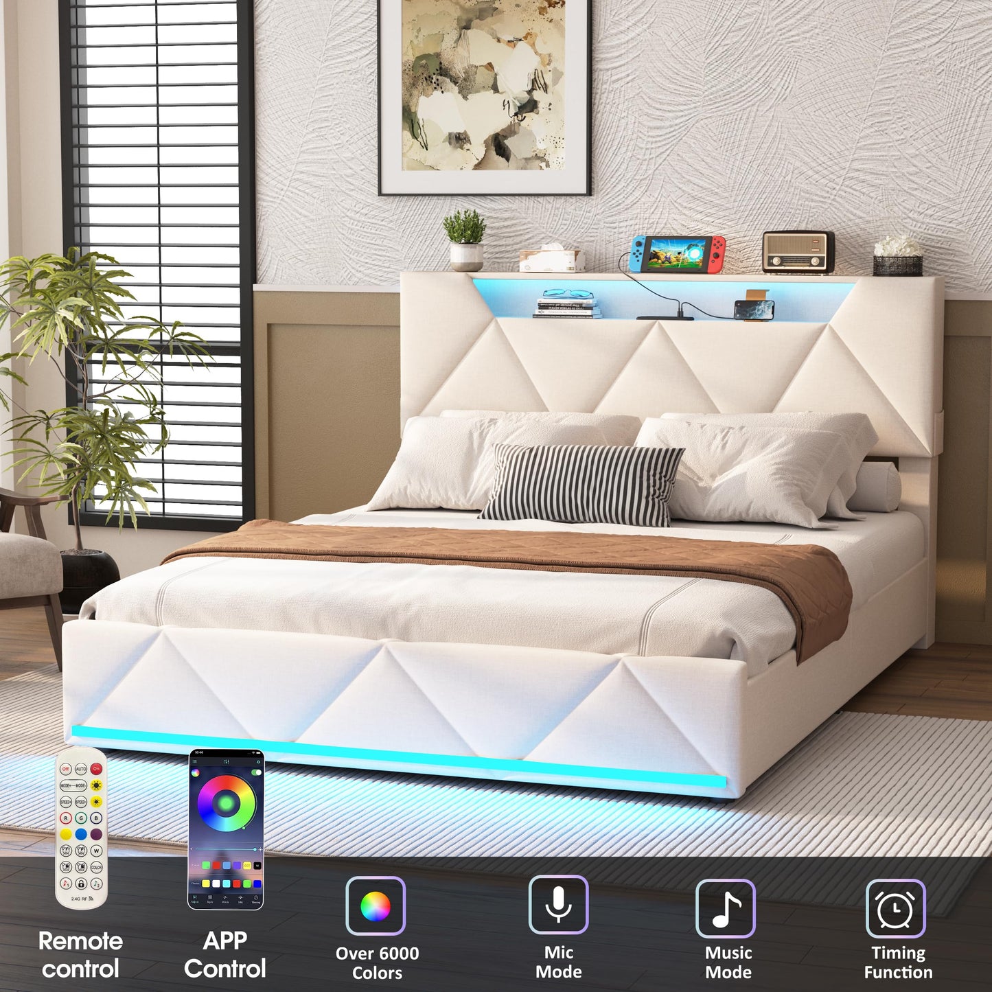 Vabches Full Bed Frame with Storage Headboard and 4 Drawers,Upholstered Platform with Charging Station and Led Lights,Adjustable Headboard,No Box Spring Needed,Beige