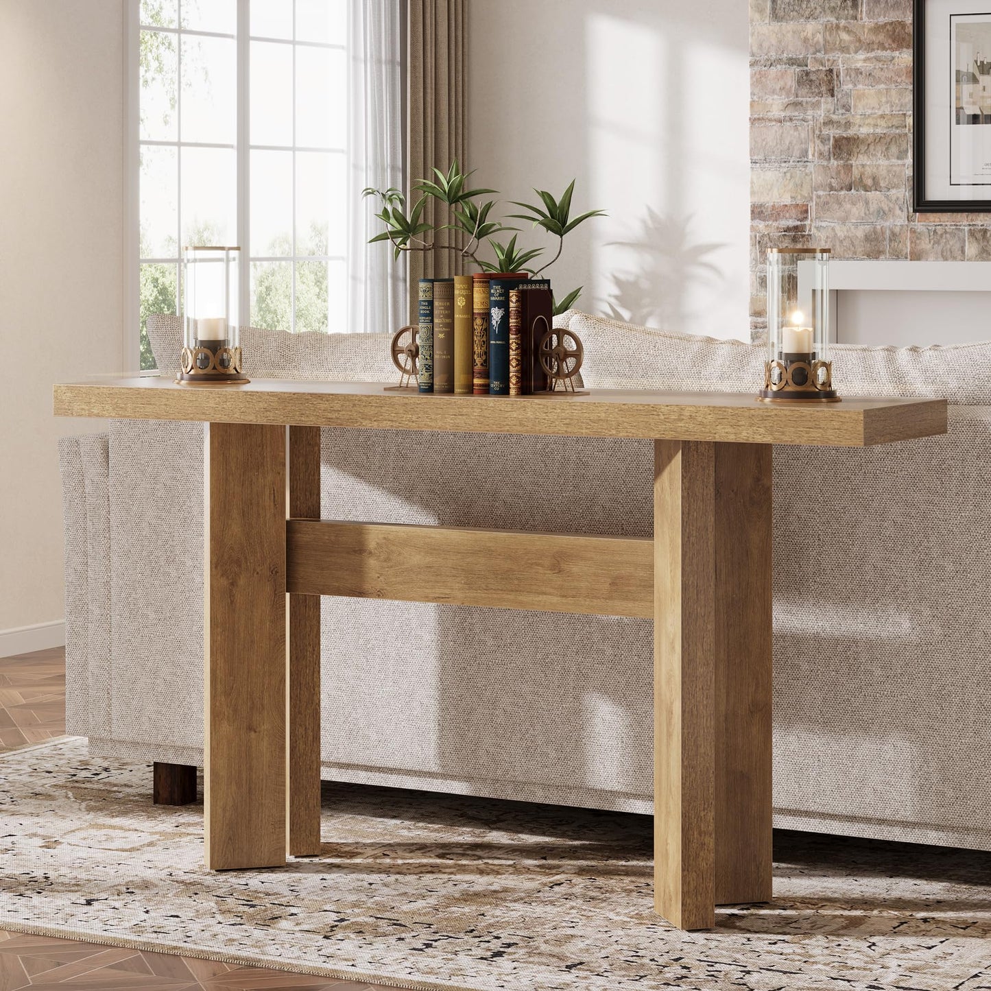 Tribesigns 63-Inch Farmhouse Console Table, Long Wooden Sofa Table Behind Couch with H-Shaped Frame for Entryway, Foyer, Hallway, Living Room, Easy Assembly, Brown