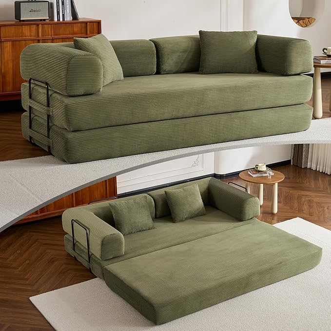 ZEIINPA Convertible Folding Couch Bed, Comfy Corduroy Sleeper Floor Sofa Bed with Fixed-Shape Frame, Floor Sofa with Armrest, Lounge Couch for Living Room Bedroom Lounge Studio, Green
