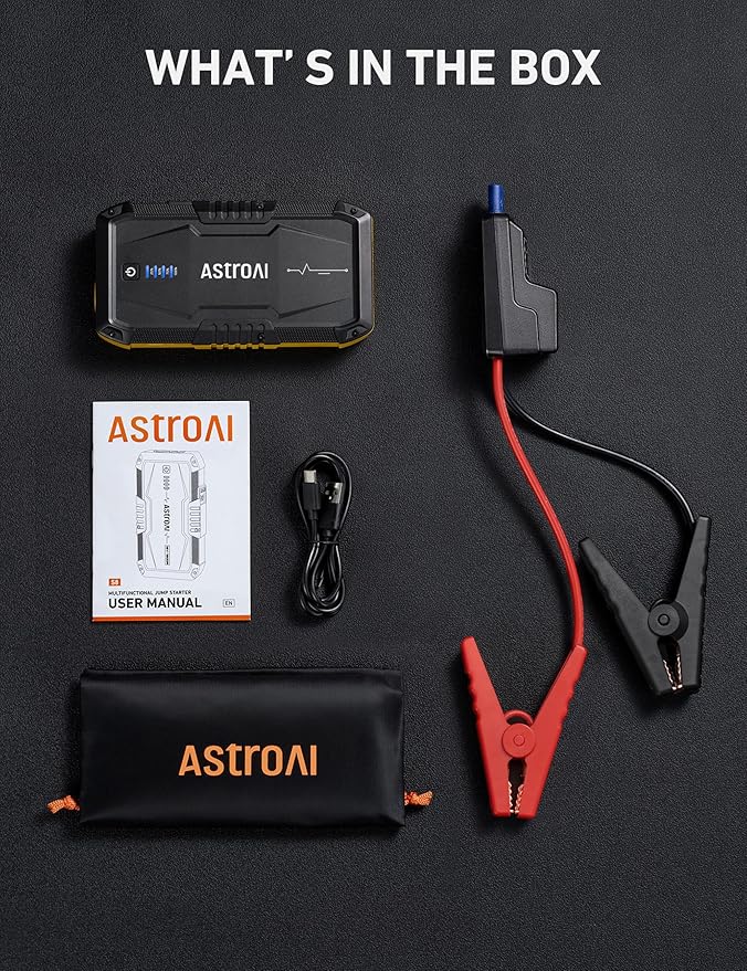 AstroAI S8 Car Battery Jump Starter, Car Jumper Starter Battery Pack for Up to 6.0L Gas & 3.0L Diesel Engines, 12V Portable Jump Box with 3 Modes Flashlight and Jumper Cable(Yellow)