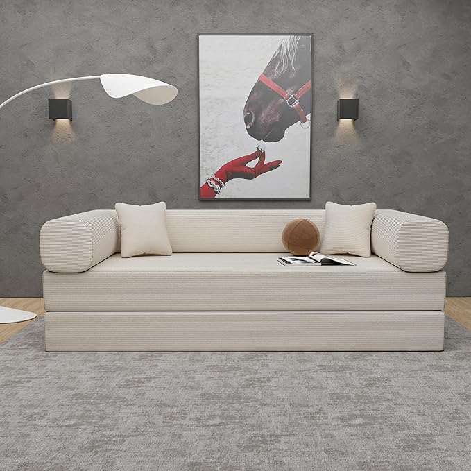 Convertible Couch Sofa Bed Foldable Floor Sleeper | Upgraded ALL High-Density 35D Foam | Fold Out Deep Seat Couch | King Size | Compression Sofa Sleeper for Living Room, Bedroom | Corduroy Beige