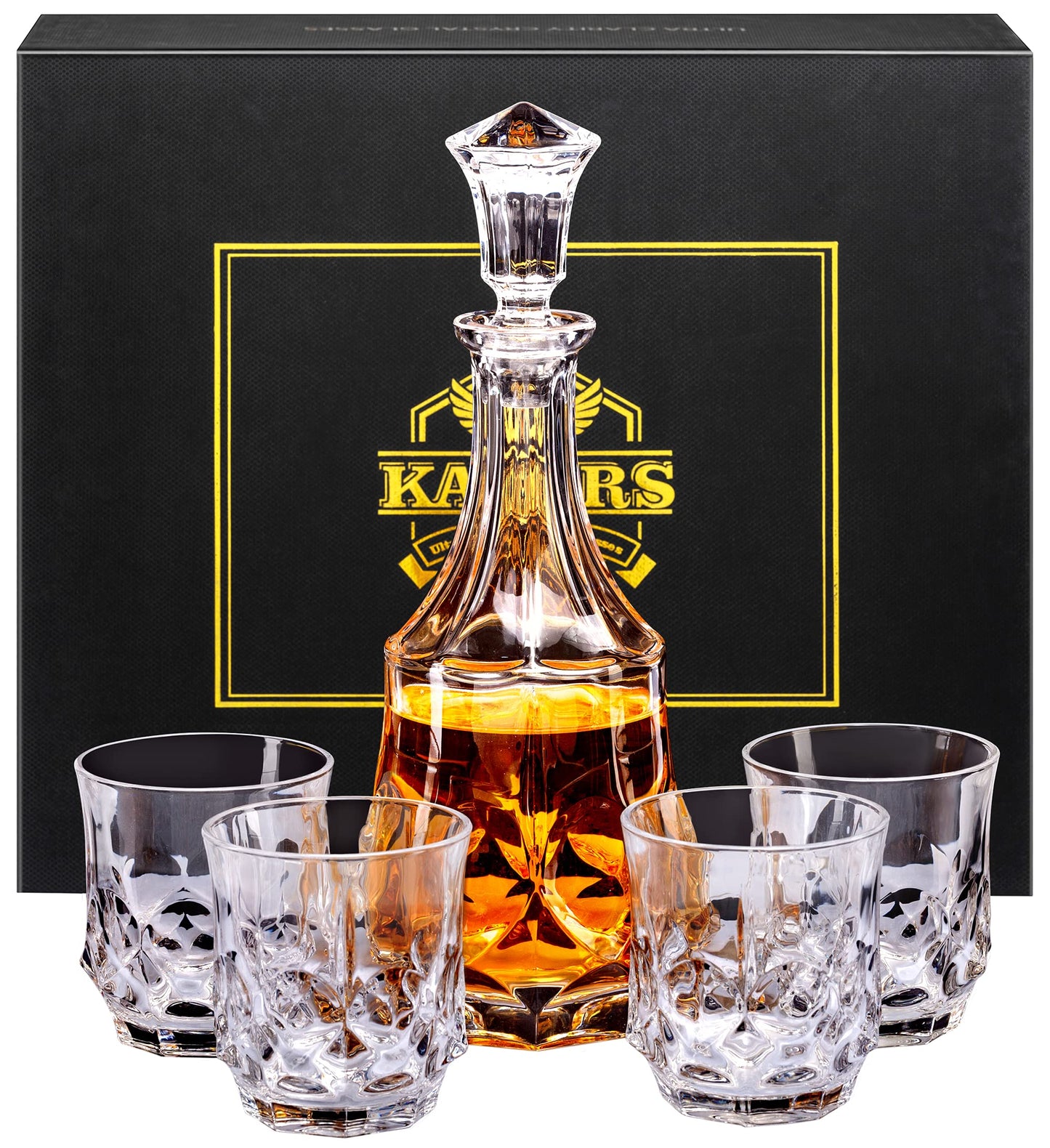 KANARS Whiskey Decanter Sets for Men, 25 Oz Liquor Decanter with 10 Oz Crystal Glasses in Luxury Box for Bourbon Scotch Rum Tequila Vodka, Whisky Gifts for Christmas Birthday Thanksgiving