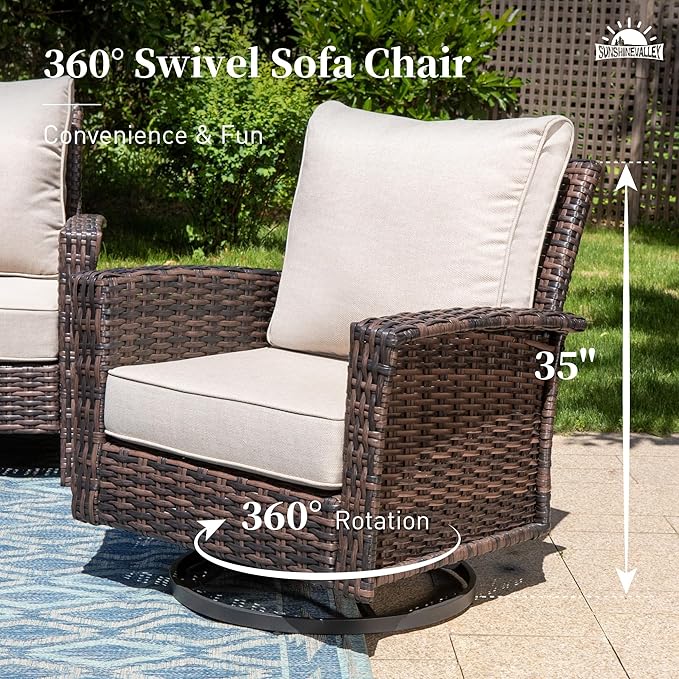 SUNSHINE VALLEY Patio Wicker Swivel Chairs Set of 2, Outdoor High Back Chairs with 5.5" Waterproof Cushions, Outdoor Furniture Set for Deck Porch and Yard, Peacock Blue