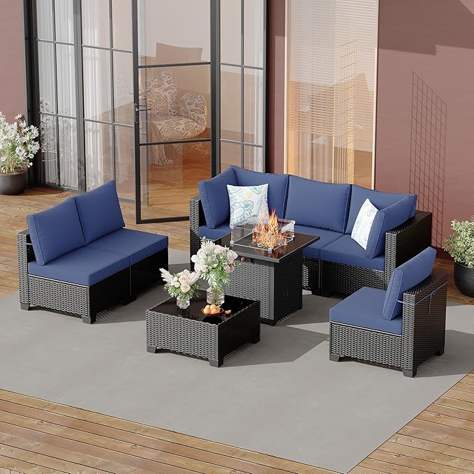 Ophelian 8 Piece Patio Furniture Set with Fire Pit Table, Wicker Outdoor Sectional Sofa, Patio Conversation Set for Backyard, Garden, Deck (Coffee/Blue)