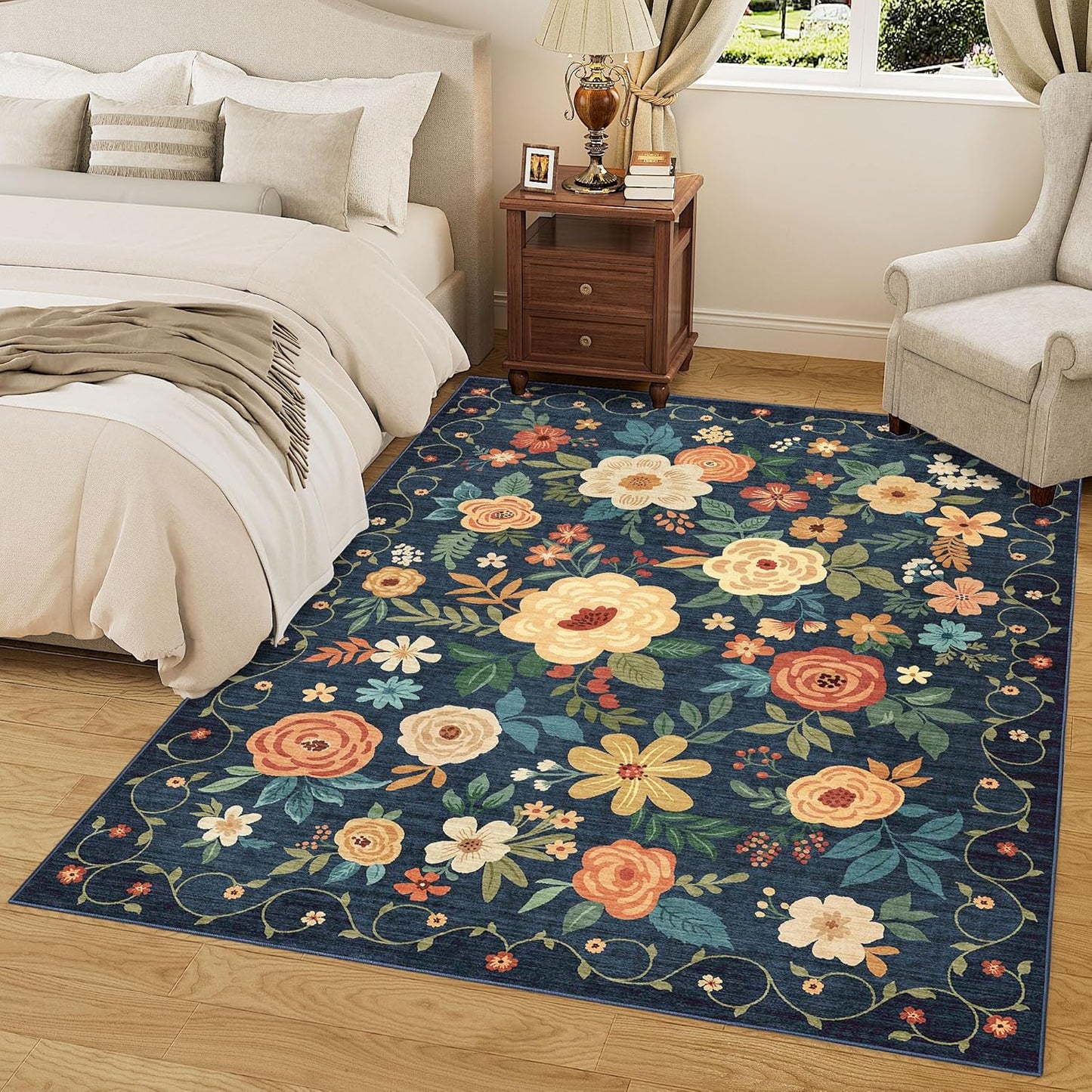 DUKINO 8x10 Area Rug, Floral Rugs for Living Room, Lightweight Non Slip Washable Rug, Indoor Low Pile & Non-Shedding Boho Design Rugs for Bedroom, Living Room, Dining Room, Dark Blue