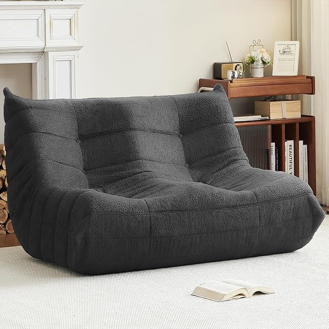 Bean Bag Chair, Loveseat Fireside Chair Bean Bag Sofa for Adults, 2 Seater Bean Bag Chairs for Teens with High-Resilience Foam, Memory Foam Bean Bag for Living Room, Bedroom, Office (Teddy, Dark Gray)