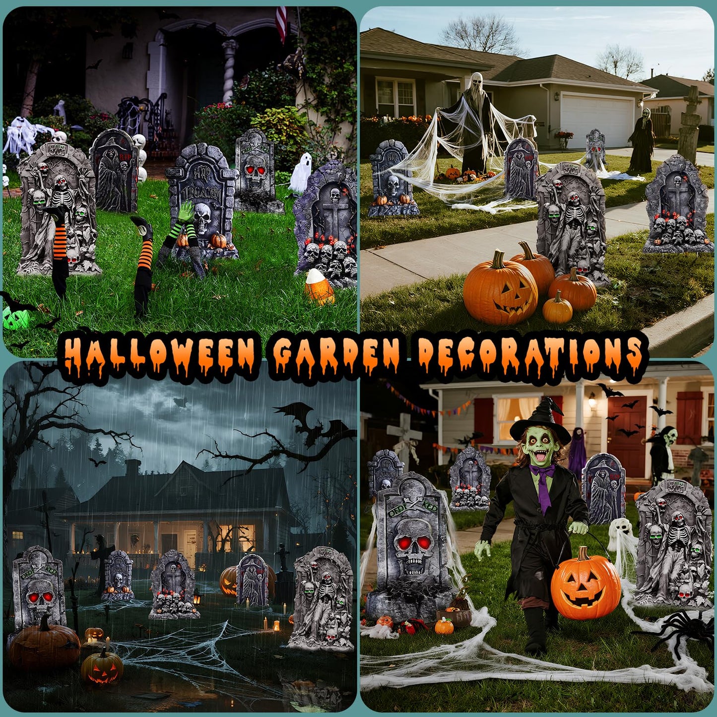 BEAUTLOHAS. 25 Inch Halloween Graveyard Tombstones Plastic Board, 5 PCS Halloween Headstones Decorations RIP for Yard Sign Lawn Garden Outdoor Decor