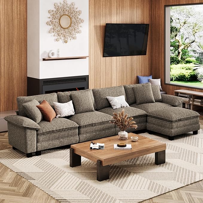 MIXPATIO 157-Inch L Shaped Sectional Sofa with Cloud Cushions, Deep Seat Modular Couch Set w/ 5 Seats & 1 Ottomans, Removable Arms, Plush Chenille Upholstery for Living Room, Apartment - Smoky Gray