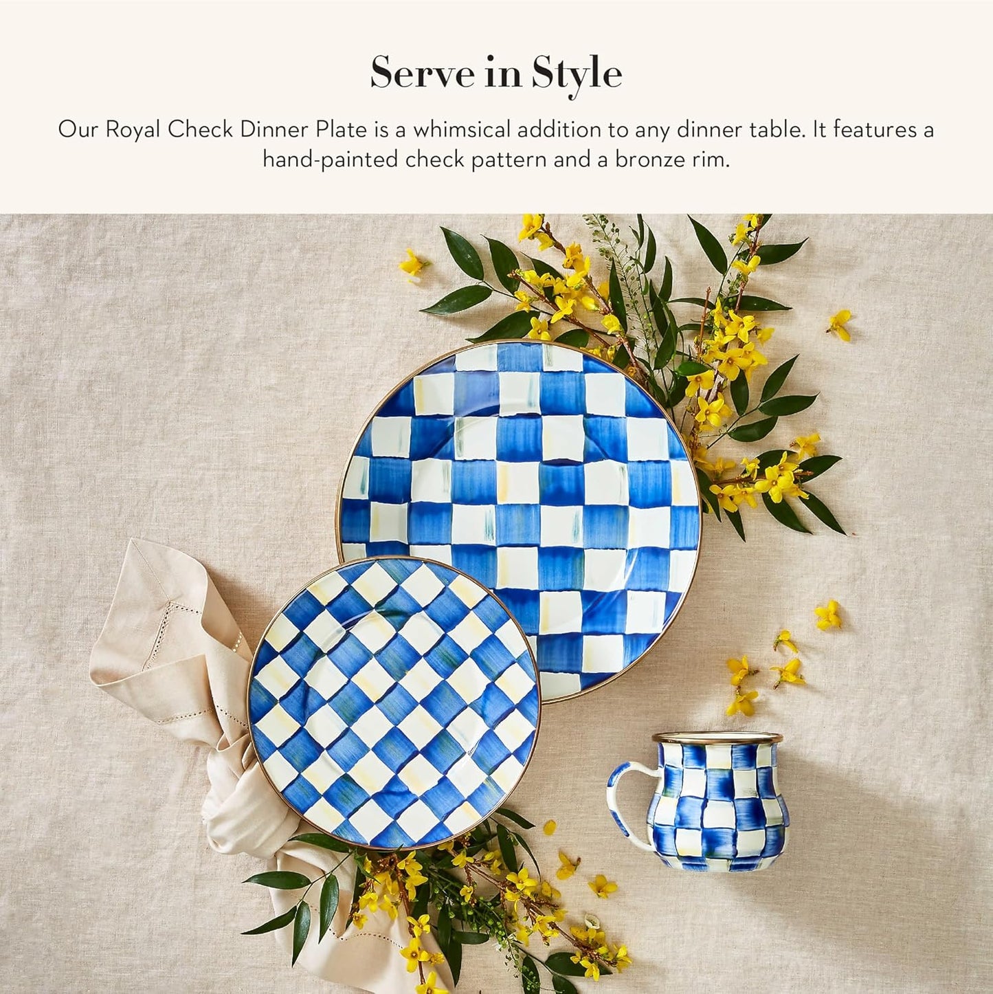 MACKENZIE-CHILDS Enamel Dinner Plate, Decorative Dinnerware Plate, 10 Inches, Set of 4, Blue-and-White Royal Check