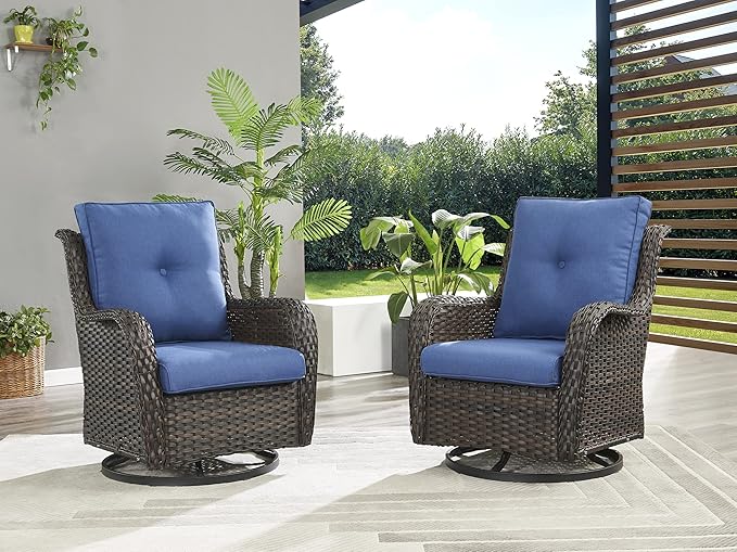 Rilyson Wicker Rocking Chair Swivel Chairs - 4 Piece Rocker Patio Chairs Set Rattan Rocking Chair for Outdoor Porch Deck Garden Backyard(Brown/Blue)