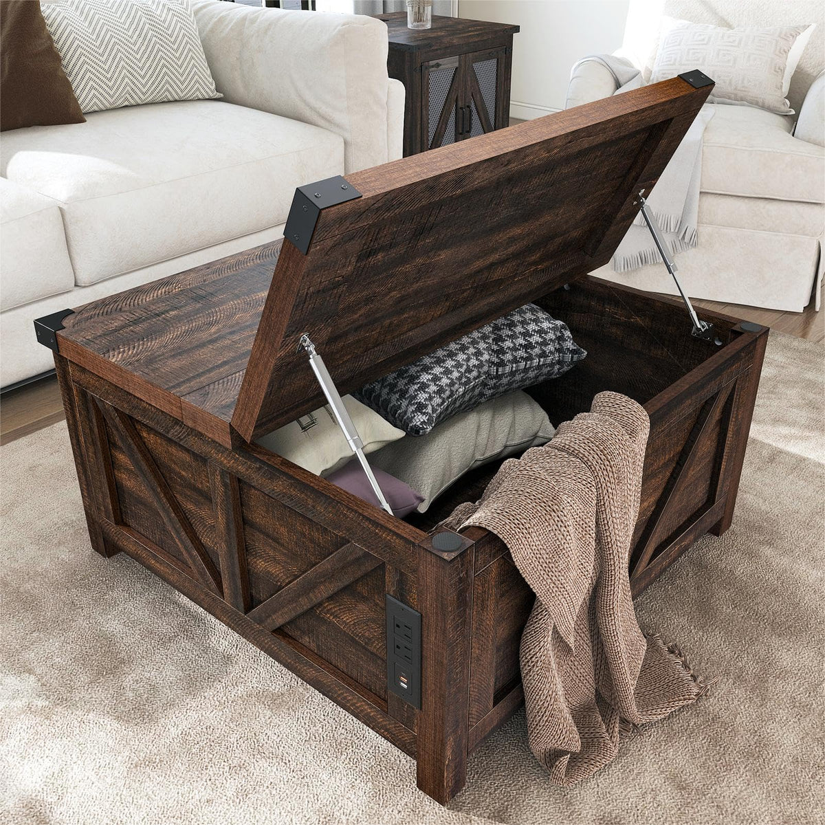 jimeimen Farmhouse Lift Top Coffee Table with Storage, Wood Square Center Table with Charging Station&USB Port, Living Room Table w/Large Hidden Space, for Living Room, Bedroom, Home Office, Brown