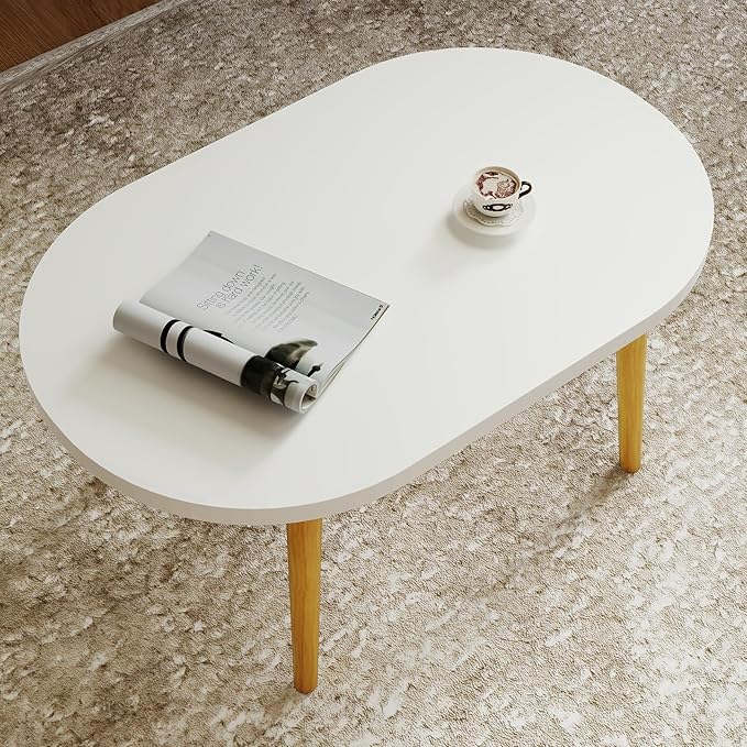 Funecy Coffee Table Low Table with Solid Wood Sturdy Legs, Floor Table Desk for Sitting on The Floor, Storage and Living Room Furniture (White-Oval)